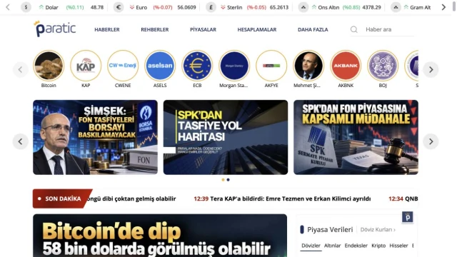 Paratic’s Turkish-language financial news homepage with market prices and featured stories